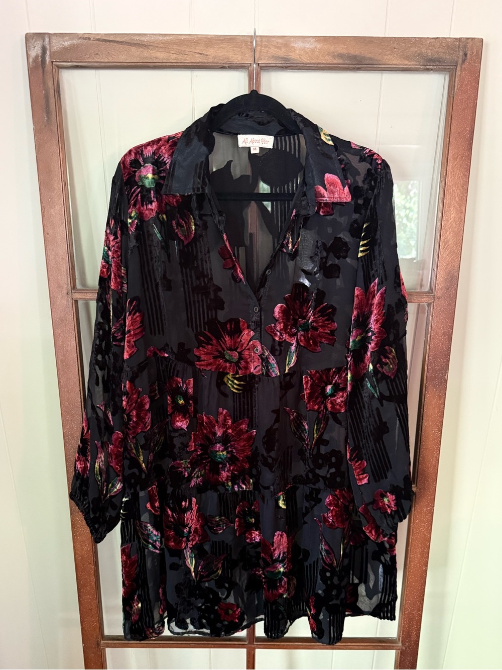 All About Her Black Burnout Velvet Floral Tunic Mini Dress Boho Romantic - M